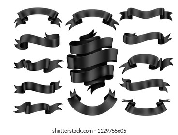 Black ribbon banner set. Vector illustration.