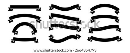 Black ribbon banner set. Wavy and curved ribbons collection for emblem, sticker, advertising, poster, promotion, frame. Vintage dark label tag element bundle for graphic design template. Vector