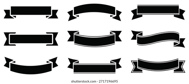 Conjunto de Vector de Anuncio de cinta negra. Colección de Anuncio de cinta. Etiquetas retro, Formas decorativas. Elemento de etiqueta oscura de Antiguas.