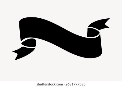 Black ribbon banner with a wavy design on a white background. The ribbon banner features elegant curves, perfect for decoration or design elements. Ribbon banner vector.