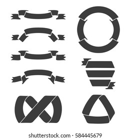 Black ribbon banners, including circular, for logos and emblems in stamp design. Vector illustration.