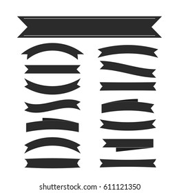 Black ribbon banners set. Beautiful blank decoration graphic. Old vintage style Flat design. Premium decorative elements isolated white background. Template collection labels Vector illustration