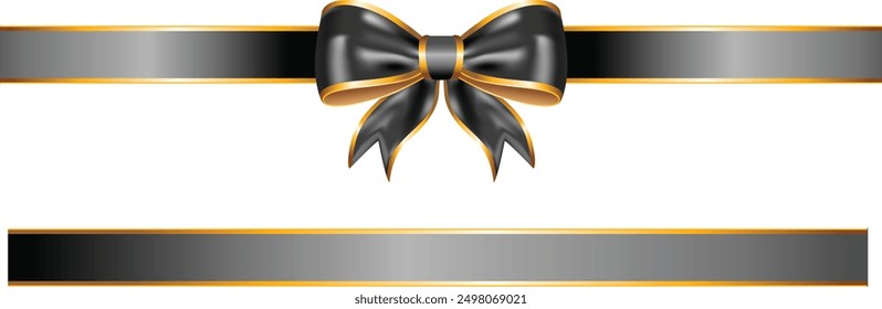 Black ribbon bow with gold trim and straight horizontal border