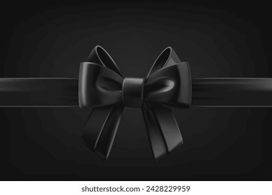 Black ribbon with bow on black background. 3d vector design template
