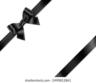 Black Ribbon Bow Realistic shiny satin with shadow place on corner of paper for decorate your funeral card , awards certificate or gift boxes vector EPS10 isolated on white Background