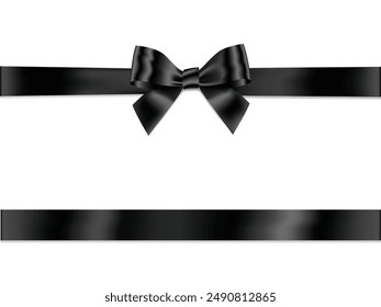 Black Ribbon Bow Realistic shiny satin with shadow horizontal ribbon for decorate your funeral card , awards certificate or gift boxes vector EPS10 isolated on transparent background.