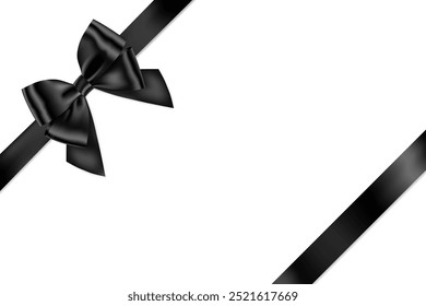 Black Ribbon Bow Realistic shiny satin with shadow place on corner of paper for decorate your funeral card , awards certificate or gift boxes vector EPS10 isolated on white Background