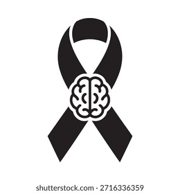 Cinta negra con un símbolo cerebral que representa la conciencia y la Asistencia de la salud mental
