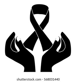 black ribbon breast cancer signal in the hands , vector illustration