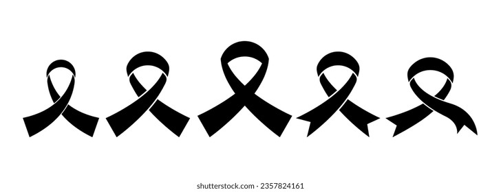 Black ribbon elements symbol set. Breast cancer awareness ribbon vector.