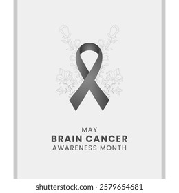 Black ribbon with flower and white background awareness graphic for International Brain Cancer Awareness Month