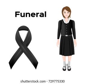 black ribbon for funeral with women in black dress . vector icon