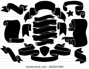 Black Ribbon ,Hand drawn set of different Vintage ribbons. Design elements for greeting cards, banners, invitations. Sketch, Each on a separate layer.