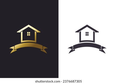 Black ribbon house icon, symbolizing real estate on a white background