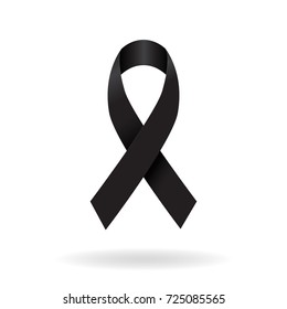 Black ribbon, mourning and melanoma sign symbol isolated on white background. vector illustration.