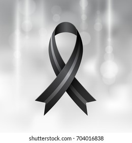Black ribbon on gray background. Mourning and melanoma symbol.
Vector realistic.