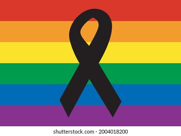 Black ribbon on the LGTBI flag. Black ribbon for the victims of violence towards the LGTBI collective