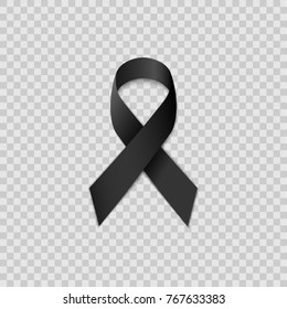 Black ribbon on transparent background. Mourning ribbon.
