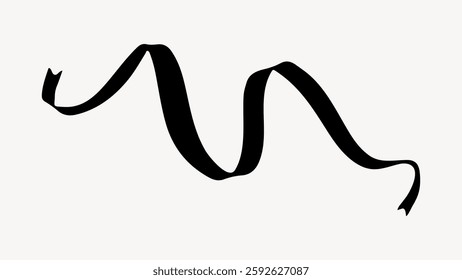 Black ribbon swirling in a wavy pattern on a white background. The ribbon's elegant curves create a flowing, dynamic shape. Simple and stylish ribbon design. Ribbon element vector.