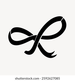 Black ribbon symbol on a white background. Ribbon design features smooth curves. The ribbon is stylized, creating a sleek, modern ribbon appearance. Vector illustration.