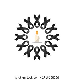 Black ribbon. Wreath with candle. Vector illustration
