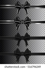 Black ribbons with bows collection. Dark ribbons set. Vector illustration