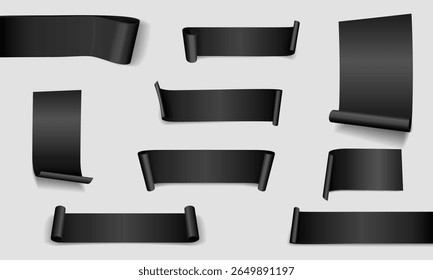 Fitas pretas. Banners decorativos para o seu design. Elementos brilhantes e curvos para vendas, promoções, prêmios ou ocasiões festivas. Ilustração vetorial.