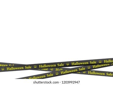 Black ribbons down with yellow lettering halloween sale, pumpkin and stripes indicating sales place on a white background. Warning and caution business tapes 