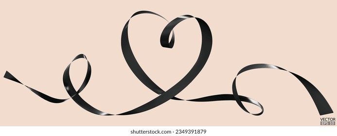 Black ribbons heart isolated on beige background. Continuous ribbon line art drawing. Element for Valentine's day, mother's day wedding and print. 3D vector illustration.