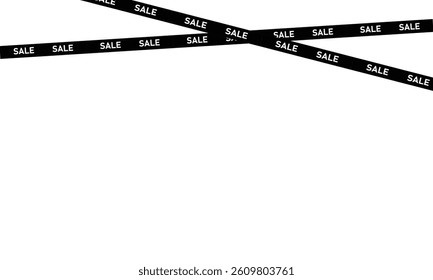 black ribbons for the sale on a white background. Crossed ribbon with sale lettering. Discount area ribbons with a background for an advertisement, online store, or website.