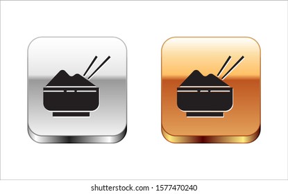 Black Rice in a bowl with chopstick icon isolated on white background. Traditional Asian food. Silver-gold square button. Vector Illustration