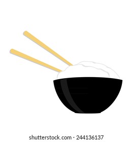 Black rice bowl with two wooden chopsticks vector isolated 
