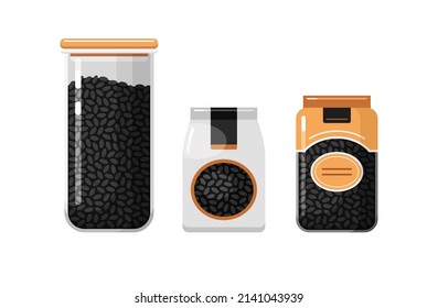 Black rice in kitchen food storage jar and paper, plastic packaging. Closed transparent container for dry bulk products. Set of vector colorful illustrations isolated on white background
