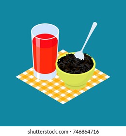Black rice Porridge and fruit juice. Breakfast Healthy food. Vector illustration
