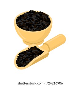 Black rice in wooden bowl and spoon. Groats in wood dish and shovel. Grain on white background. Vector illustration