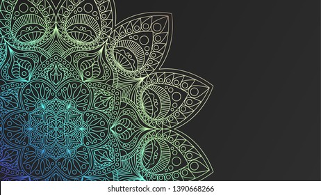 Black rich background with a iridescent round pattern, shiny mandala, oriental background
