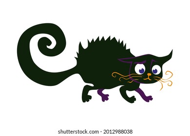 Black ridiculous and disheveled witch cat in a cartoon comic style. Vector element for Halloween