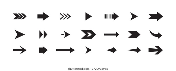 Conjunto de iconos de flecha derecha negra moderna flechas simples Vector de flecha Ilustración vectorial de iconos de estilo plano sobre fondo blanco.
