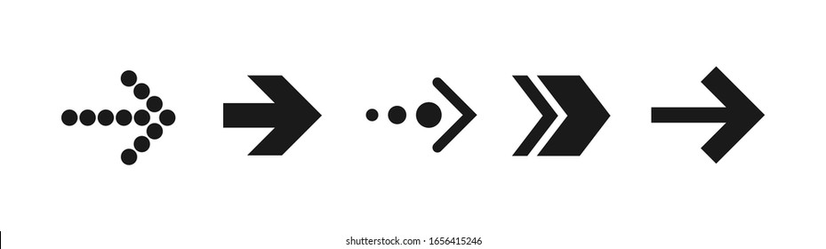 black right arrows set. Flat icon isolated on white. Continue icon.  Next, enter, swipe, scroll button. East arrow. Geometric style