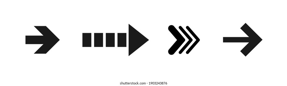 black right arrows set. Flat icon isolated on white. Continue icon.  Next, enter, swipe, scroll button. East arrow. Geometric style