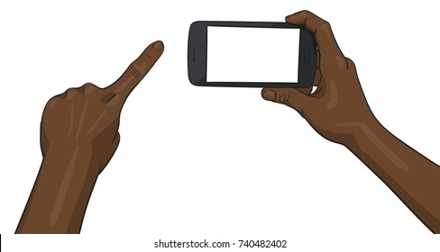 Black right hand holding blank screen smartphone horizontally and left hand pointing with finger, Vector illustration isolated on white background