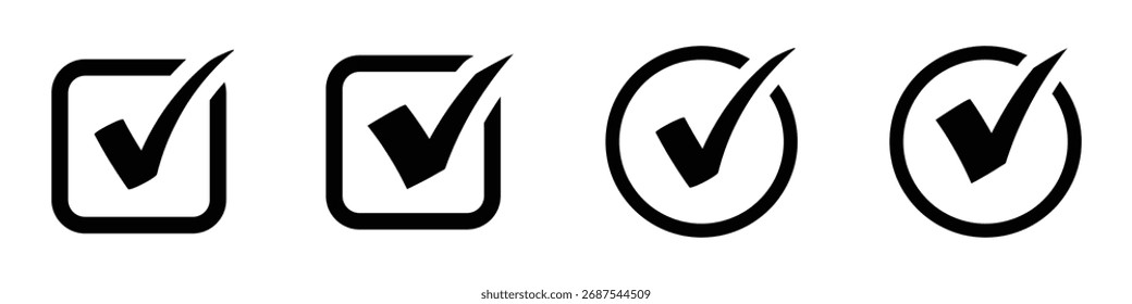 Black right tick check mark icon flat style icon, checkmark icon, checkmark indicating positive confirmation, validation, success on white background