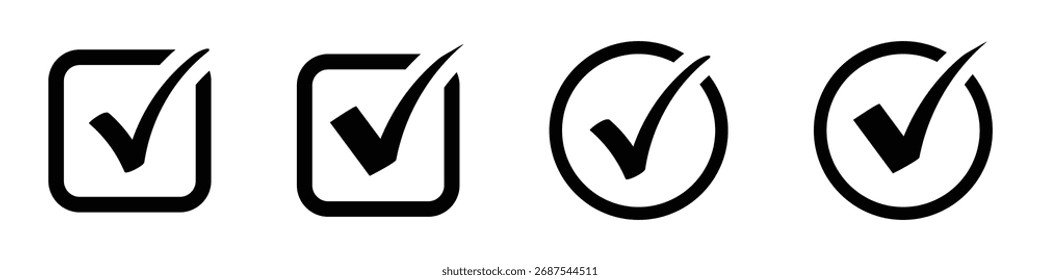 Icono de estilo plano de marca de verificación derecha negra, icono de marca de verificación, marca de verificación que indica confirmación positiva, validación, éxito sobre fondo blanco