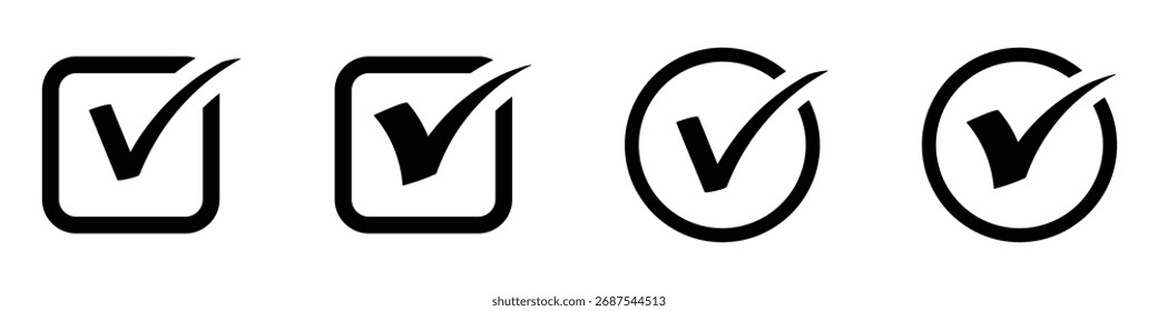 Black right tick check mark icon flat style icon, checkmark icon, checkmark indicating positive confirmation, validation, success on white background