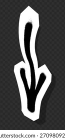 Black right-pointing graffiti arrow with spray paint texture on white paper cutout, placed on transparent dark checkered background, street art concept