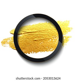 Black ring border on golden brush stroke vector illustration. Realistic 3d frame of round geometric shape, gold splash smear on paper, decoration with shiny effect isolated on white background
