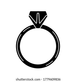 Black ring with a diamond icon isolated on white background. Engagement ring with gemstone save the date symbol. Vector flat design simple style illustration. Marriage proposal sign, love concept.