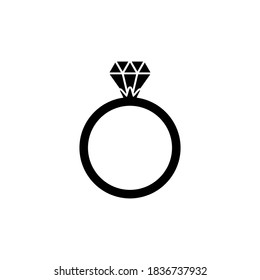 Black ring icon with a large diamond. Jewelry outline vector illustration isolated on white