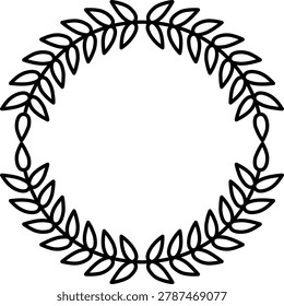 A black ring shaped decorative wreath of stylized elongated leaves outlined boldly on a white background. Vector illustration