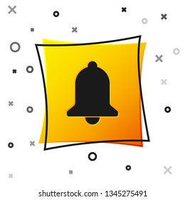 Black Ringing bell icon isolated on white background. Alarm symbol, service bell, handbell sign, notification symbol. Yellow square button. Vector Illustration